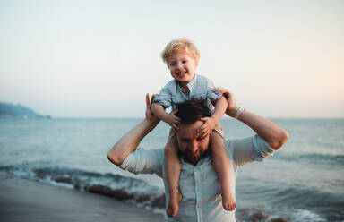 Mature father with a toddler boy standing on beach on summer holiday, having fun. - HPIF23956