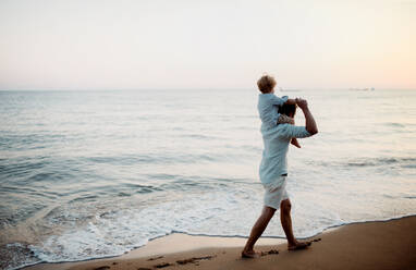 Mature father with a toddler boy walking on beach on summer holiday, having fun. - HPIF23958