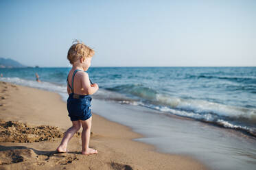 Eine niedliche kleine Kleinkind Junge mit Shorts zu Fuß auf Sandstrand im Sommerurlaub. kopieren Raum. - HPIF23986