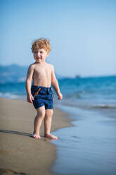 A cute small toddler boy with shorts walking on sand beach on summer holiday. Copy space. - HPIF23988