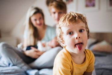 Ein kleiner Junge im Kleinkindalter mit Eltern und neugeborenem Baby zu Hause, der die Zunge herausstreckt. - HPIF24141