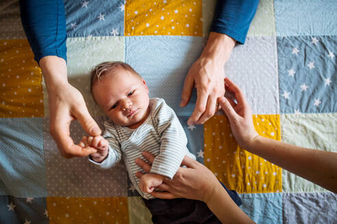 Draufsicht auf ein neugeborenes Baby, das zu Hause auf einer Steppdecke im Bett liegt. - HPIF24156