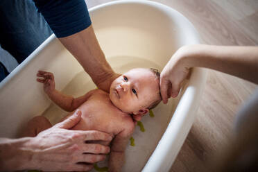 Unbekannte Eltern baden ein glückliches neugeborenes Baby zu Hause. - HPIF24168