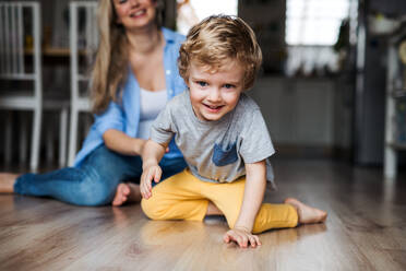 A mother with a happy toddler son indoors at home, playing. - HPIF24188