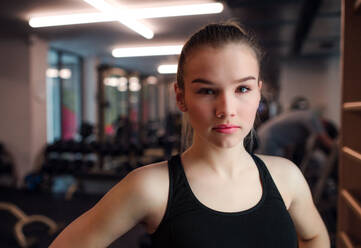 A portrait of a beautiful young girl or woman standing in a gym. Copy space. - HPIF24342