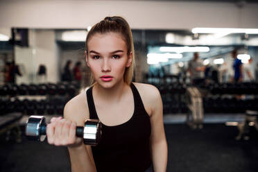 Ein junges Mädchen oder eine junge Frau mit Hanteln, die in einem Fitnessstudio trainieren. - HPIF24351