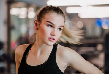 A portrait of a beautiful young girl or woman standing in a gym. - HPIF24356