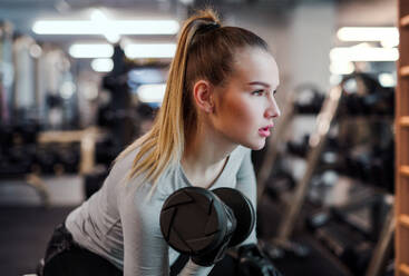 A young girl or woman with dumbbells, doing workout in a gym. - HPIF24359