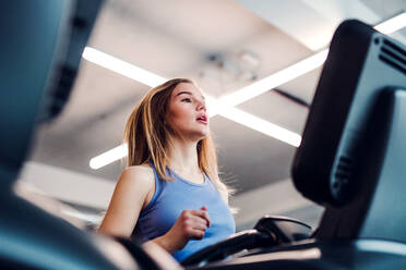 A portrait of a beautiful young girl or woman doing cardio workout in a gym. - HPIF24375