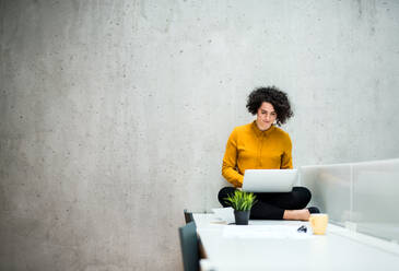 A portrait of a young student or businesswoman sitting on desk in room in a library or office, using laptop. - HPIF24505