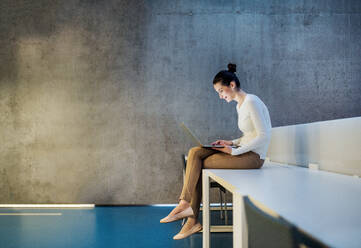 A portrait of a young student or businesswoman sitting on desk in room in a library or office, using laptop. - HPIF24612