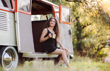 A cheerful young girl sitting in the boot of a car on a roadtrip through countryside. - HPIF24710