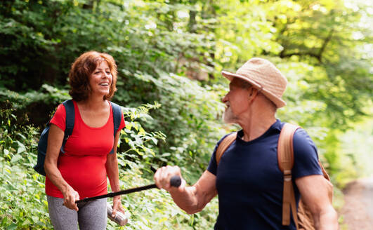 Ein älteres Touristenpaar mit Rucksäcken bei einem Spaziergang im Wald in der Natur. - HPIF24881