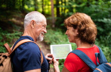 Ein älteres Touristenpaar mit Rucksäcken auf einem Spaziergang im Wald in der Natur, mit Karte auf Tablet. - HPIF24885