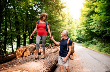 Ein älteres Touristenpaar mit Rucksäcken wandert im Wald in der Natur. - HPIF24889