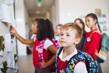 Eine Gruppe fröhlicher kleiner Schulkinder, die im Flur stehen und sich unterhalten - ein Konzept für den Schulanfang. - HPIF24943