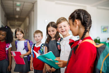 Eine Gruppe von fröhlichen kleinen Schulkindern mit Rucksäcken, die im Korridor stehen und sich unterhalten - ein Konzept für den Schulanfang. - HPIF24944