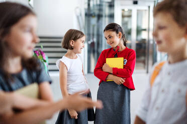 Eine Gruppe fröhlicher kleiner Schulkinder, die im Flur stehen und sich unterhalten - ein Konzept für den Schulanfang. - HPIF24951