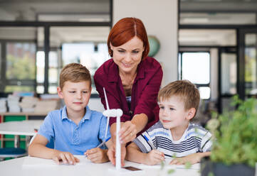 A group of small school kids with teacher in science class learning about environment. - HPIF24954