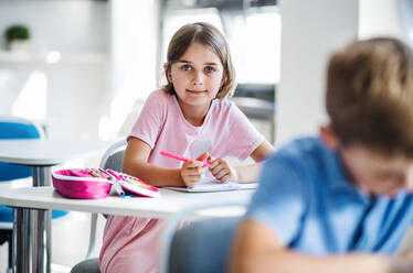 Ein Porträt eines kleinen glücklichen Schulmädchens, das am Schreibtisch im Klassenzimmer sitzt und in die Kamera schaut. - HPIF24973