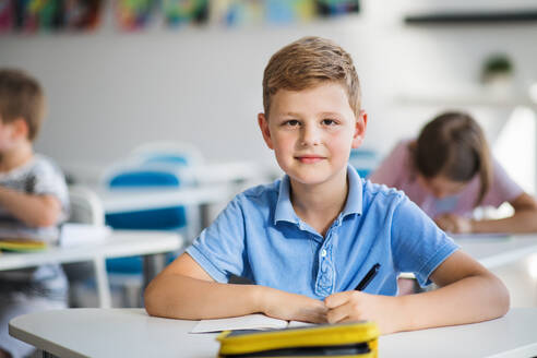 Ein kleiner, glücklicher Schuljunge sitzt am Schreibtisch im Klassenzimmer und schaut in die Kamera. - HPIF24974