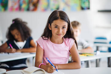 A portrait of small happy school girl sitting at the desk in classroom, looking at camera. - HPIF24976