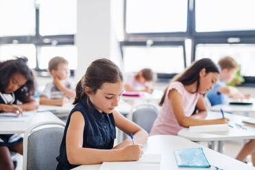 Konzentrierte kleine Schulkinder sitzen am Schreibtisch im Klassenzimmer und schreiben. - HPIF24978