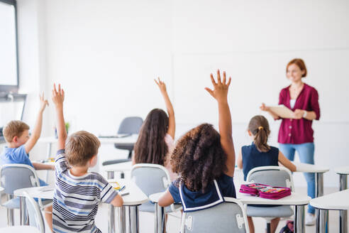 Rückansicht von Schulkindern, die in einem Klassenzimmer am Schreibtisch sitzen und die Hände heben. - HPIF24982