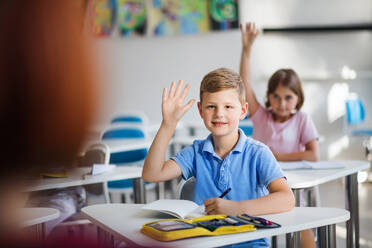 Small school children sitting at the desk in classroom on the lesson, raising hands. - HPIF24984