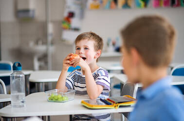 Kleine Schulkinder sitzen am Schreibtisch im Klassenzimmer und essen Obst als Snack. - HPIF24997