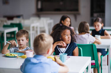 Eine Gruppe fröhlicher kleiner Schulkinder in der Kantine, die zu Mittag essen und sich unterhalten. - HPIF25010