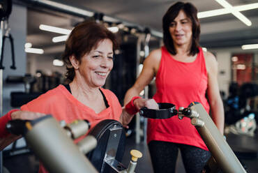 Two cheerful seniors women friends in gym doing strength workout exercise. - HPIF25025