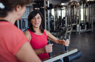 Zwei fröhliche ältere Frauen Freunde im Fitnessstudio tun Krafttraining Übung. - HPIF25027