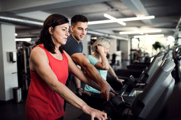 Two cheerful female seniors in gym with a young trainer doing cardio work out, exercising on stationary bicycle. - HPIF25060