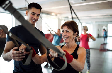 A group of cheerful seniors in gym with a young personal trainer doing exercise with TRX. - HPIF25071