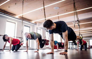 A group of cheerful seniors in gym with a young personal trainer doing exercise with TRX. - HPIF25072