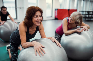 Eine Gruppe fröhlicher Seniorinnen in einem Fitnessstudio, die Übungen auf Fitbällen machen. - HPIF25099