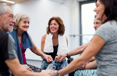 Eine Gruppe fröhlicher Senioren in einer Turnhalle, die sich nach einer Übung auf Fitbällen ausruhen, die Hände halten und sich unterhalten. - HPIF25113