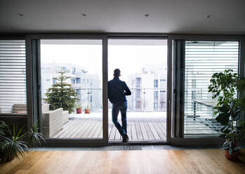 A man standing by the window, holding a cup of coffee at home. Rear view. - HPIF25259