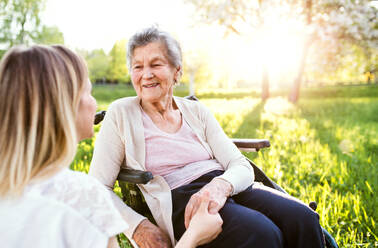 Eine ältere Großmutter im Rollstuhl mit einer erwachsenen Enkelin, die sich im Frühling in der Natur an den Händen halten. - HPIF25335