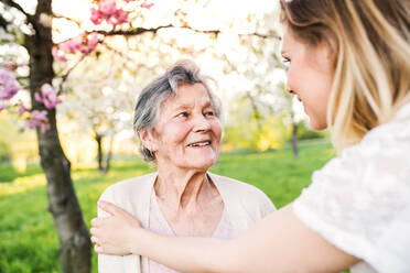Elderly grandmother and an adult granddaughter outside in spring nature, talking. - HPIF25346