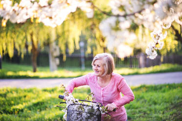 Schöne ältere Frau mit Fahrrad draußen in der Natur im Frühling, ausruhen. - HPIF25383