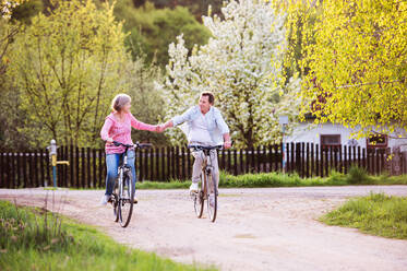 Beautiful senior couple with bicycles outside in spring nature cycling and holding hands. - HPIF25385