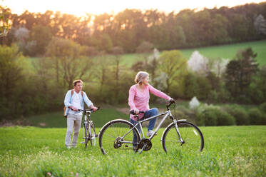 Schönes älteres Paar draußen in der Frühlingsnatur, mit Fahrrädern auf einer Wiese spazierend. - HPIF25399