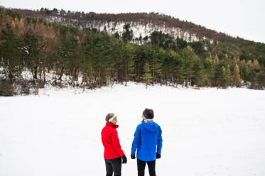 Senior couple runners standing outside in winter nature, resting. Rear view. - HPIF25406