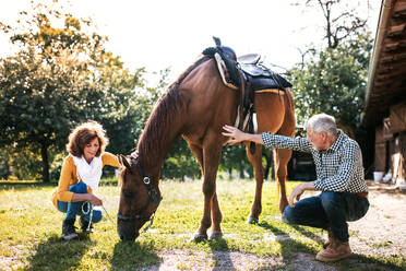 Ein glückliches älteres Ehepaar kauert vor einem Pferd, das an einem Stall weidet. - HPIF25500