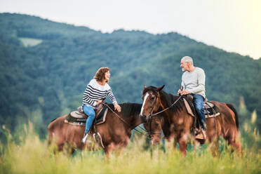 Ein glückliches älteres Paar reitet auf einer Wiese in der Natur. - HPIF25533