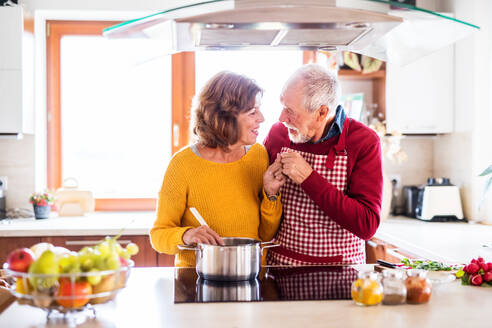 Senior couple preparing food in the kitchen. An old man and woman inside the house, cooking. - HPIF25554