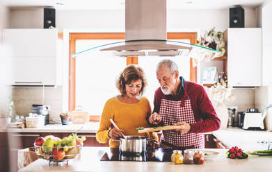 Senior couple preparing food in the kitchen. An old man and woman inside the house. - HPIF25556