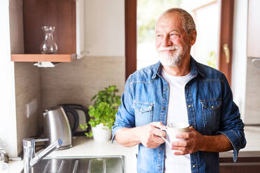 Ein glücklicher älterer Mann in der Küche. Ein alter Mann im Haus, der eine Tasse Kaffee in der Hand hält. - HPIF25563